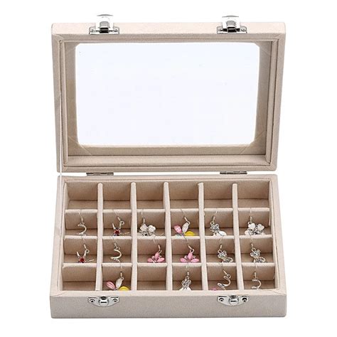 Beige 24 Slot Velvet Glass Jewelry Box Organizer Rings Earrings Tray Display Storage Case -in ...