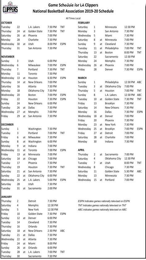 Full Clippers 2019-2020 Schedule. 26 Nationally Televised Games. This ...