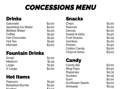 Printable Free Concession Stand Menu Template Word