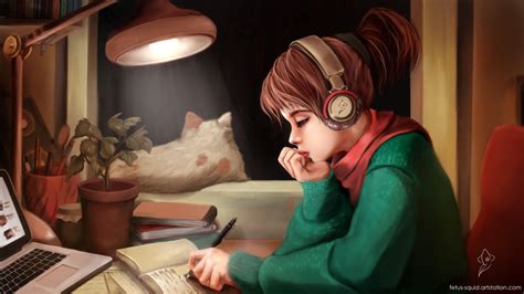 Anime Girl Studying Wallpaper