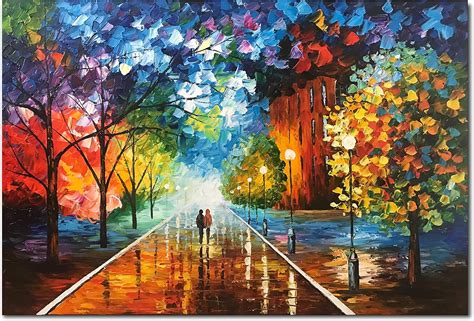 Diathou 24x36 inches 100% Hand Painted Oil Painting Lovers Stroll The Colorful Streets Oil ...