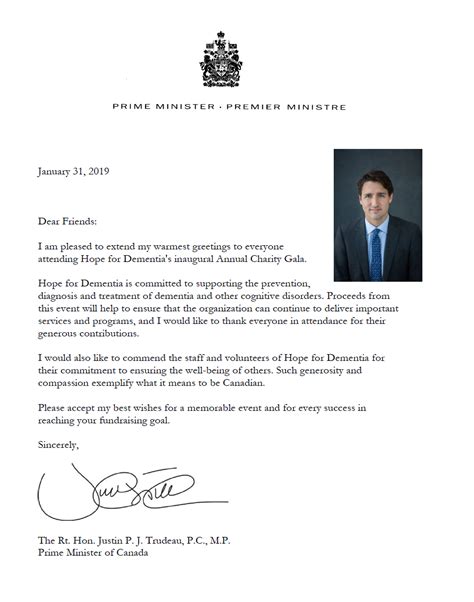 Letter of Support from Prime Minister for Jan. 31st, 2019 Charity Gala ...