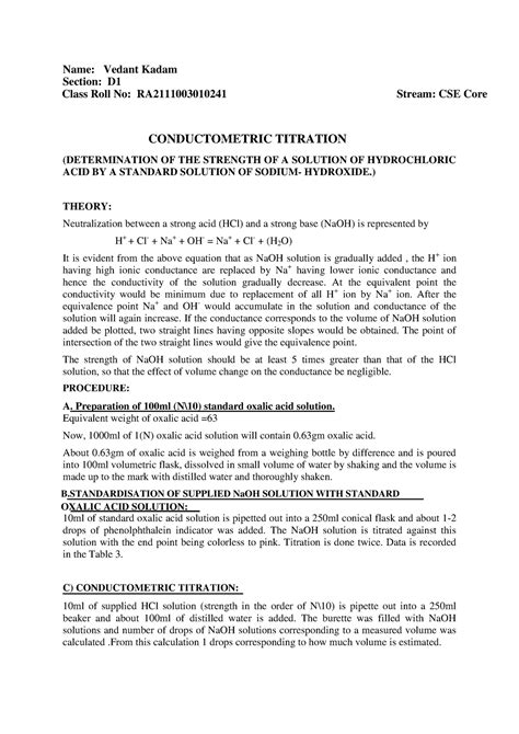 Experiment 2- Conductometric titration, determination of strength - (DETERMINATION OF THE ...