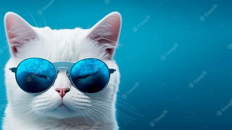 Premium Photo | A white cat wearing sunglasses and a blue background