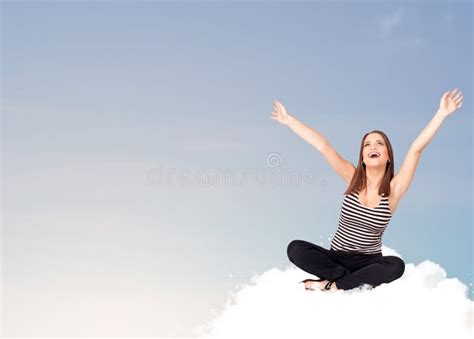 Young Woman Sitting on Cloud with Copy Space Stock Image - Image of happiness, daydream: 32069975