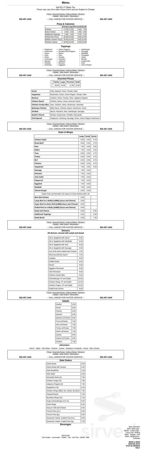 Pizza Chef of Grantham menu in Grantham, New Hampshire, USA