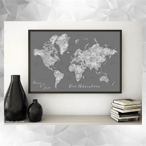 Custom print: world map with cities in gray watercolor and grey background. "Asher" | Gray ...