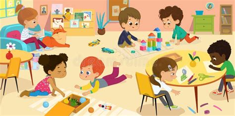 Preschool Class. Vector Illustrations of Children in the Playroom, Boys ...