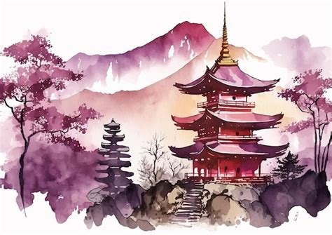 Premium Vector | Peaceful japanese temple in watercolor