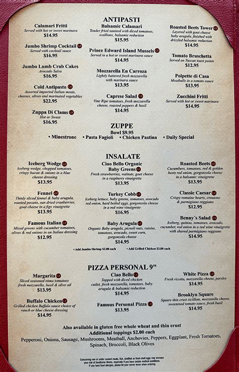 Dinner Menu | Cranford, Westfield and Garwood Italian Restaurant ...