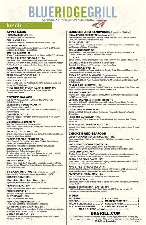 Menu at Blue Ridge Grill restaurant, Leesburg, 955 Edwards Ferry Rd NE