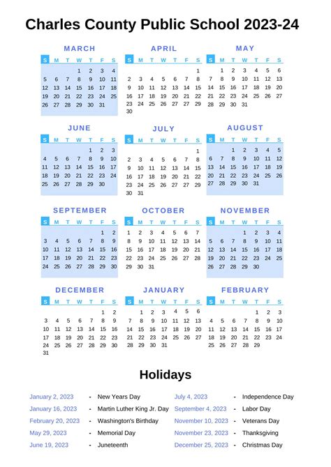 Charles County Public Schools Calendar 2023-24 with Holidays