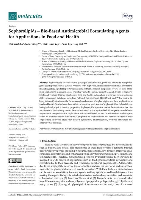 (PDF) Sophorolipids—Bio-Based Antimicrobial Formulating Agents for Applications in Food and Health