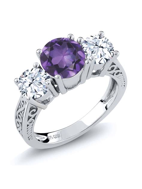 Gem Stone King - 2.10 Ct Round Purple Amethyst White Topaz 925 Sterling Silver 3-Stone Ring ...