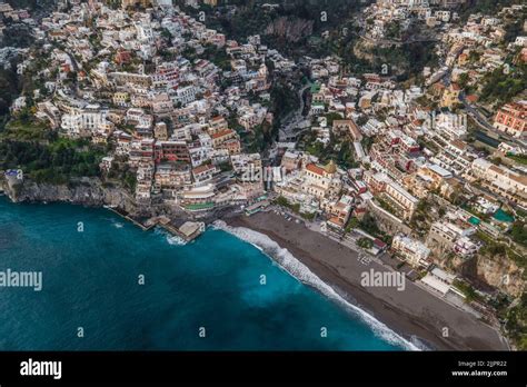 An Aerial view of Positano with colorful rooftop along the Amalfi coast ...