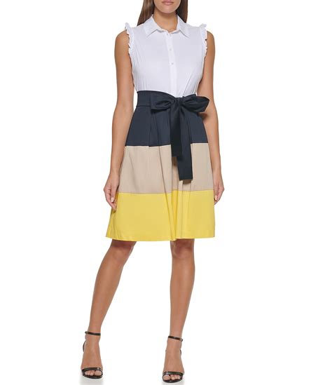 Tommy Hilfiger Color Block Ruffle Sleeveless Point Collar Tie Belt Cotton Shirt Dress | Dillard's