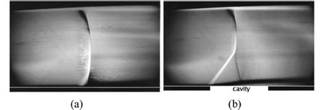 Schlieren flow visualization (a) without and (b) with the porous cavity ...