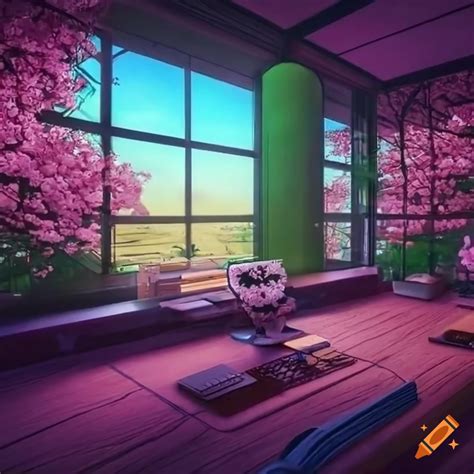 Computer desk in a tatami room with a view of a cherry blossom garden ...