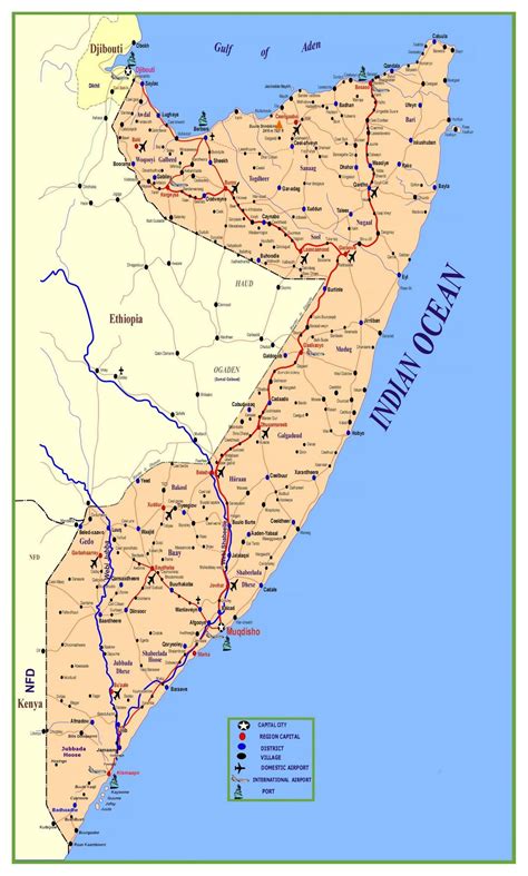 Large detailed map of Somalia with roads, cities, villages, ports and ...