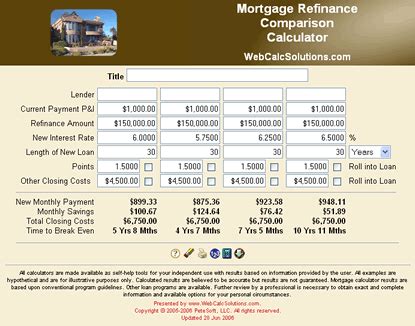 Mortgage Refinance Comparison Calculator - WebCalcSolutions.com