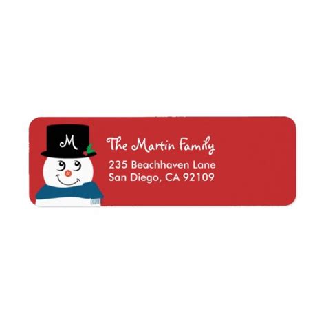 Monogram Christmas Return Address Label - Snowman | Zazzle