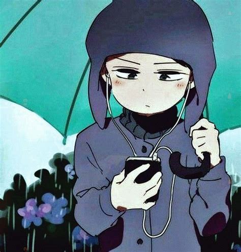 a person with an umbrella and headphones in front of some flowers holding a cell phone