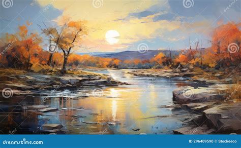 High Detailed Autumn River Portrait Painting in Atmosphere Landscape ...