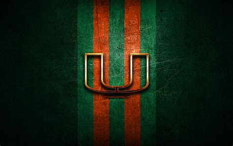 Download wallpapers Miami Hurricanes, golden logo, NCAA, green metal background, american ...