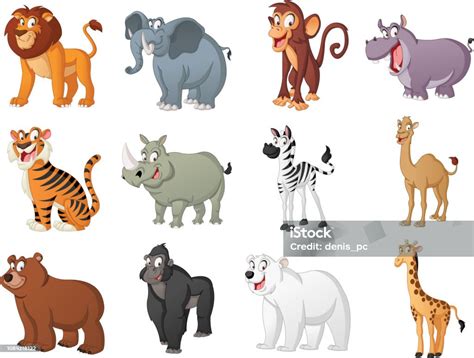 Group Of Big Cartoon Animals Vector Illustration Of Funny Happy Animals ...