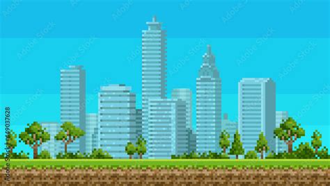 Pixel art 8 bit urban landscape with park on city background for retro video game design. Pixel ...