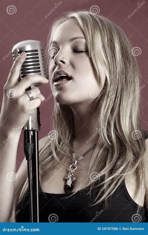 Gorgeous Singer And Vintage Microphone Royalty Free Stock Image - Image ...