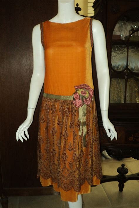 1920s flapper dress. Saffron colored silk velvet with an overskirt of embroidered net. Such a ...