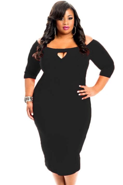 3/4 Length Sleeve Black Bodycon Sexy Plus Size Dresses - Online Store for Women Sexy Dresses