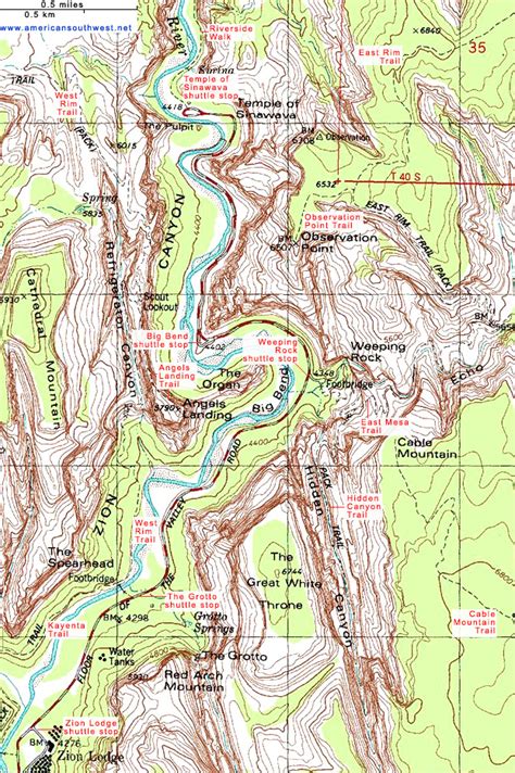 Topographic Map of Zion Canyon, Zion National Park, Springdale, Utah