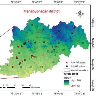 Study area (Mahbubnagar district) represented with SRTM DEM and ground ...