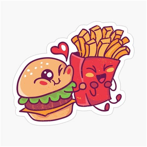 Burger and French Fries Love Junk Food Cartoon Sticker Kawaii ハンバーガーとフライドポテト | Cute easy ...