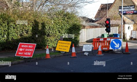 Roadworks signs and traffic lights Milton Cambridgeshire Stock Photo ...