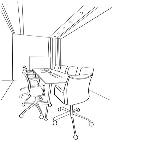 Premium Vector | Interior sketch space office meeting room workplaces tables chairs and windows