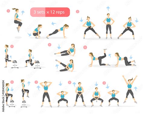 Workout girl set. Woman doing fitness and yoga exercises. Lunges and ...