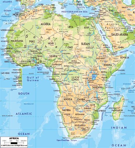 Large physical map of Africa with major roads, capitals and major ...