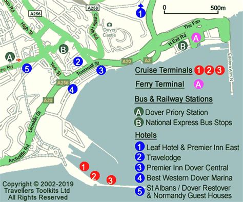 Dover UK Map - Hotels, Ferry + Cruise Terminals, Bus ,Train Stations