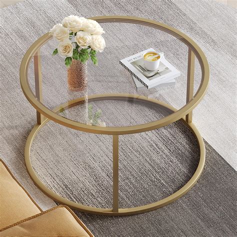 SAYGOER Small Glass Coffee Table Round Gold Coffee Table for Small ...