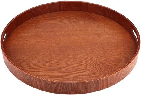 Round Food Tray, 50cm/19.7'' Large Round Serving Tray Wooden Food Tray with 2 Handle Ports ...