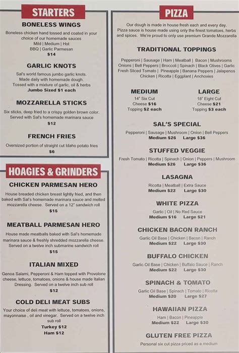 Sal's Pizzeria Menu, Cooperstown, NY