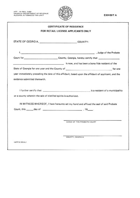 Certificate Of Residence For Retail License Applicants Only Form printable pdf download