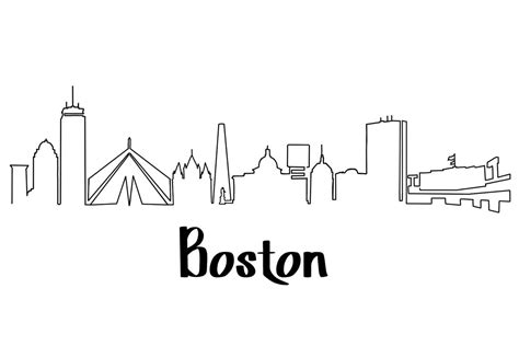 Boston Skyline Line Drawing, Simple Skyscraper Panoramic View. Cityscape Sketch. Hand Drawn ...