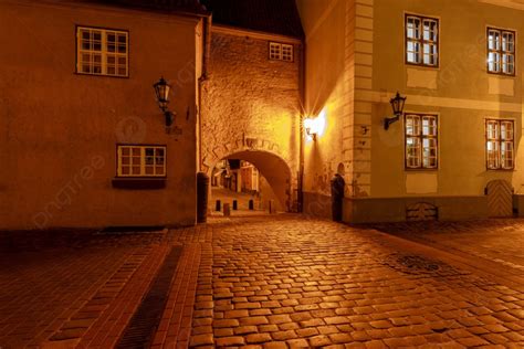 Riga Old Street At Night Old Medieval Street In The Historic Center Of ...