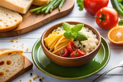 Premium AI Image | A bowl of rice with cheese and tomatoes on a table