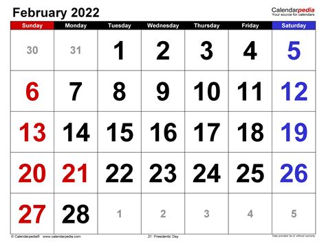 February 2022 Calendar | Templates for Word, Excel and PDF