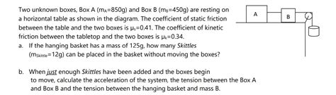 Solved A B Two unknown boxes, Box A (ma=850g) and Box B | Chegg.com